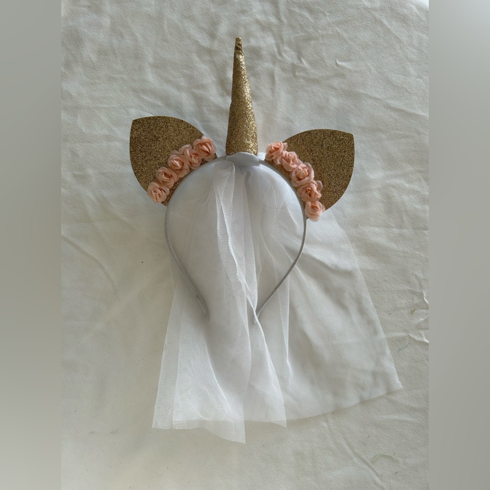 Unicorn Headband with Gold Horn and Pink Flowers